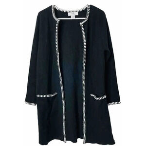 M by Magaschoni Open Cardigan Sz M Black Embroidered Trim Quiet Luxury Lagenlook
